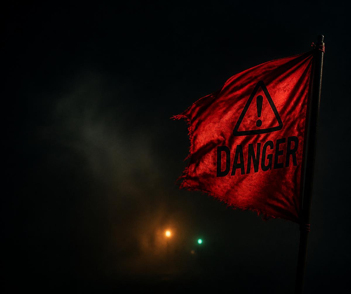Red danger warning flag against a dark background